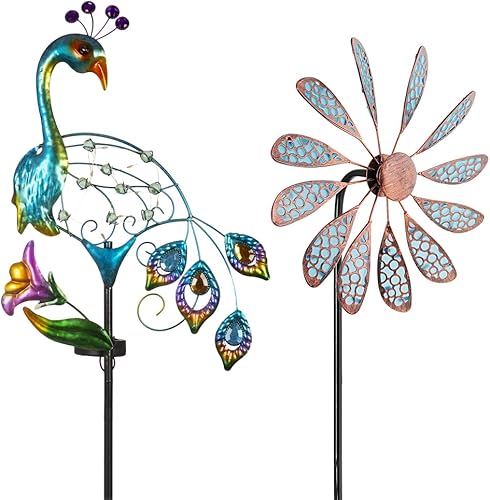 DREAMYSOUL Girador de viento de fluorescencia de 32.3 pulgadas + luces solares de jardín de pavo real de 38.5 pulgadas, arte de patio de metal para