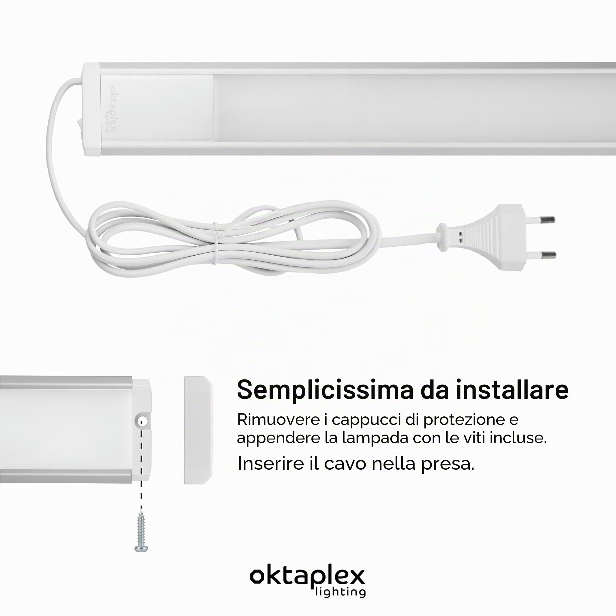 Oktaplex Riva luce LED sottopensile ultrapiatta 90 cm | 1150 lm e 15 W, 4000 K bianco neutro su 230 V, corpo in alluminio argento ultrapiatto con interruttore