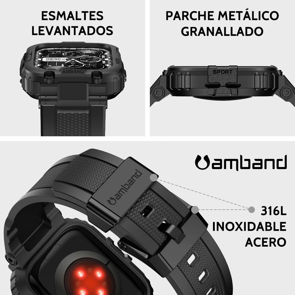 amBand Compatible con Apple Watch Correas 45mm 44mm 42mm Pulsera Protector, M1 Sport Series Resistente Funda con Fanda para Hombre iWatch Series 9/8/7/SE/6/5/4/3/2/1 42/44/45mm Negro