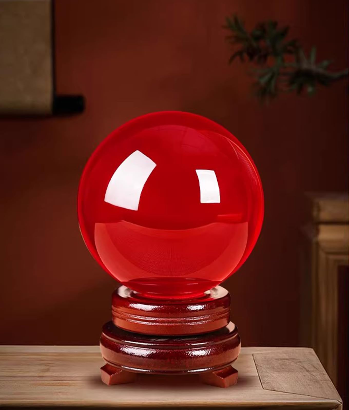 Figurka w kształcie czerwonej kryształowej kuli, magiczna szklana kula Feng Shui z drewnianym stojakiem, dekoracyjna kula do fotografii lensball, wróżka, czary,3.14"(8cm)