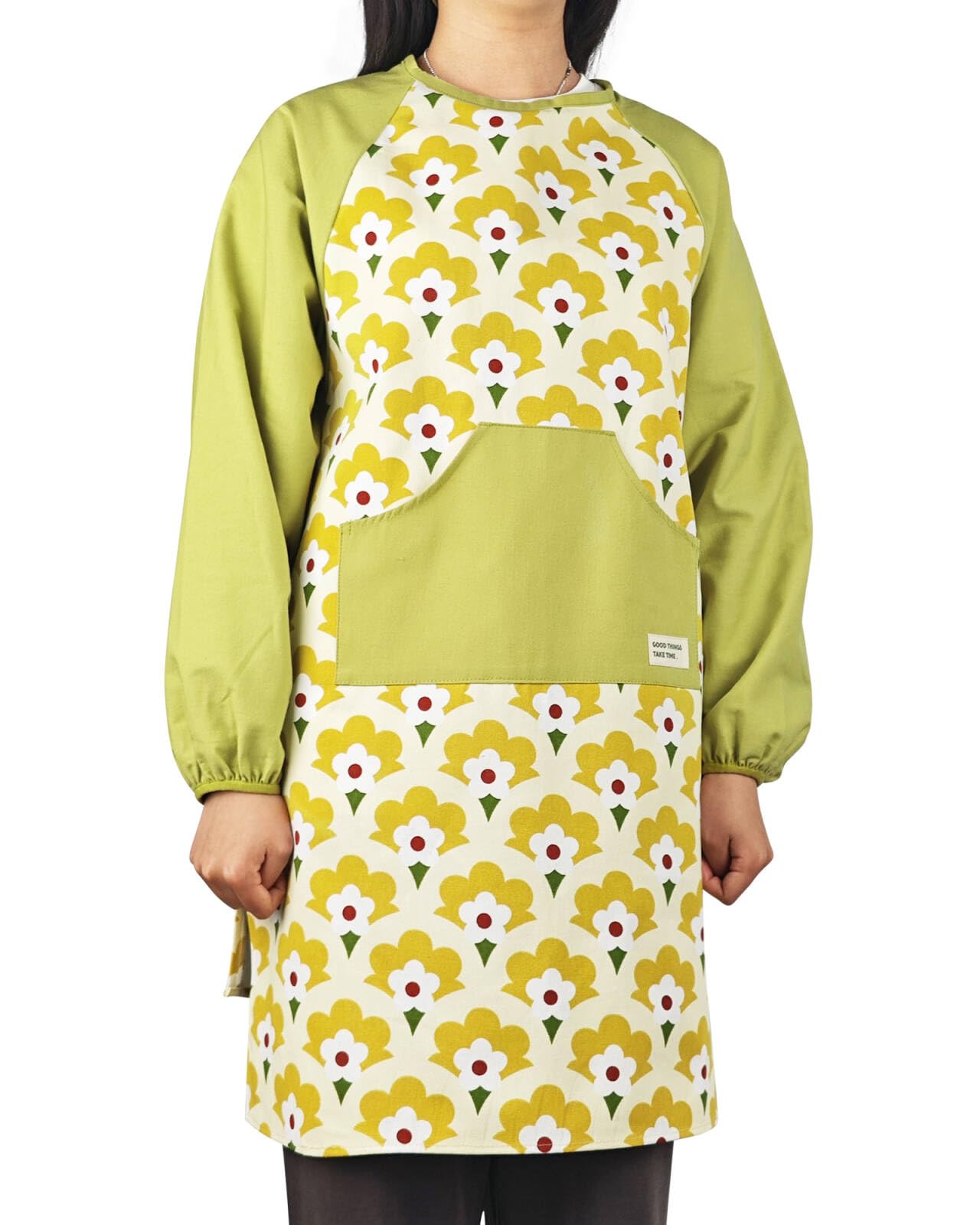 Delantal de Algodón de Manga Larga Delantal Impermeable Mujer Delantal de Cocina con Grandes Bolsillos para Cocinar, Hornear, Jardinería y Tareas Domésticas