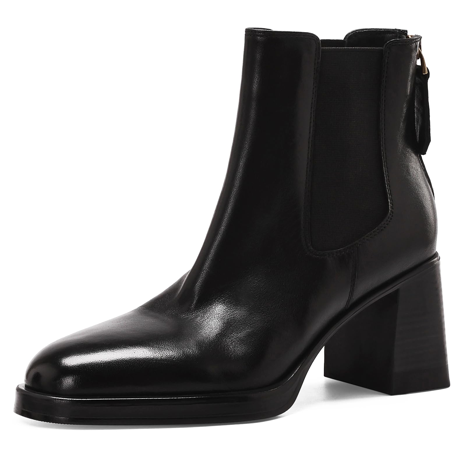 Genuine Leather Ankle Boots for Women Round Toe Elastic Fall Booties Block Chunky Heels Slip-on Short Boots with