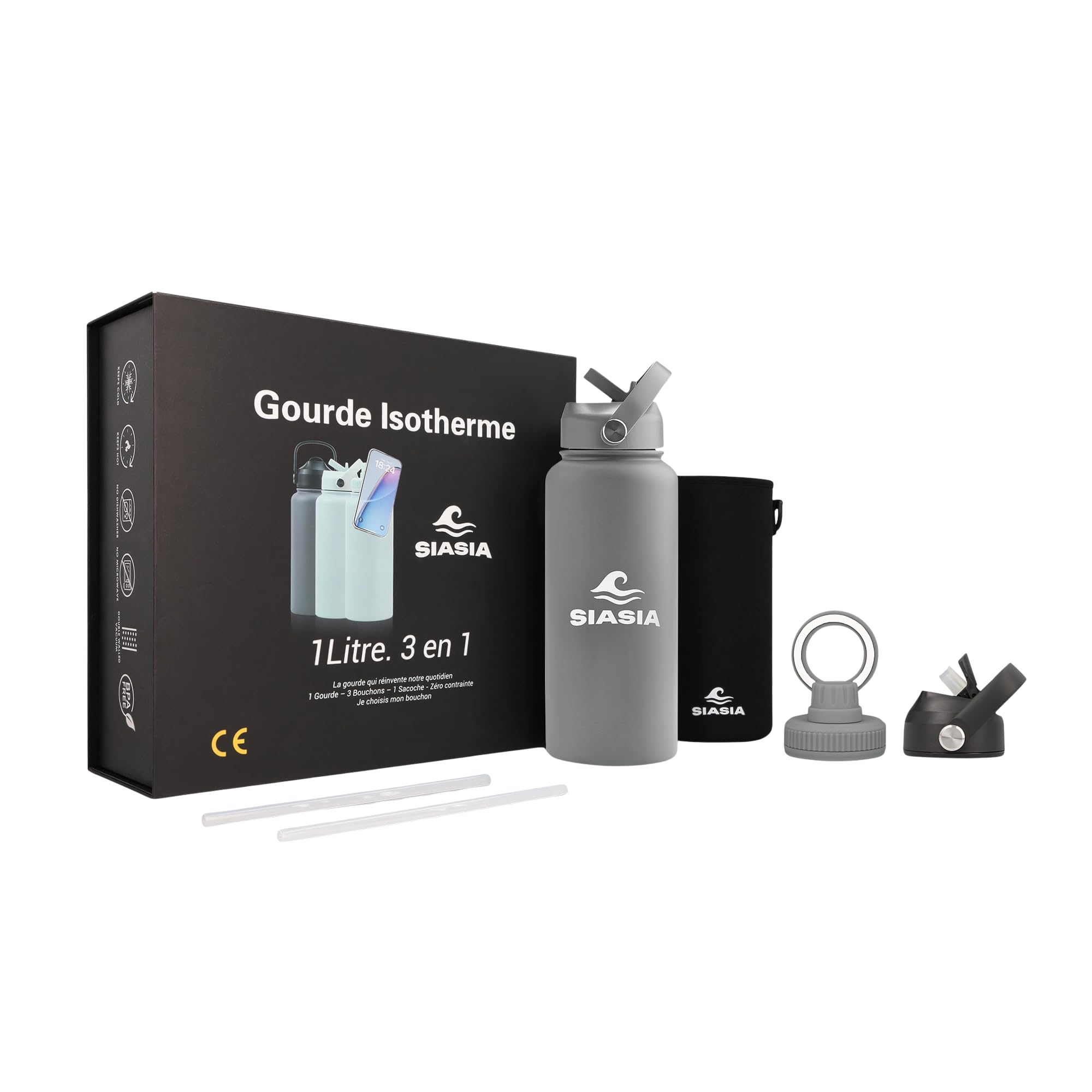 Siasia - Botella térmica térmica térmica de 1 L, de acero inoxidable, 3 tapones intercambiables, imán para teléfono, pipeta deportiva y apertura grande, bolsa incluida, ideal para deportes, oficina y