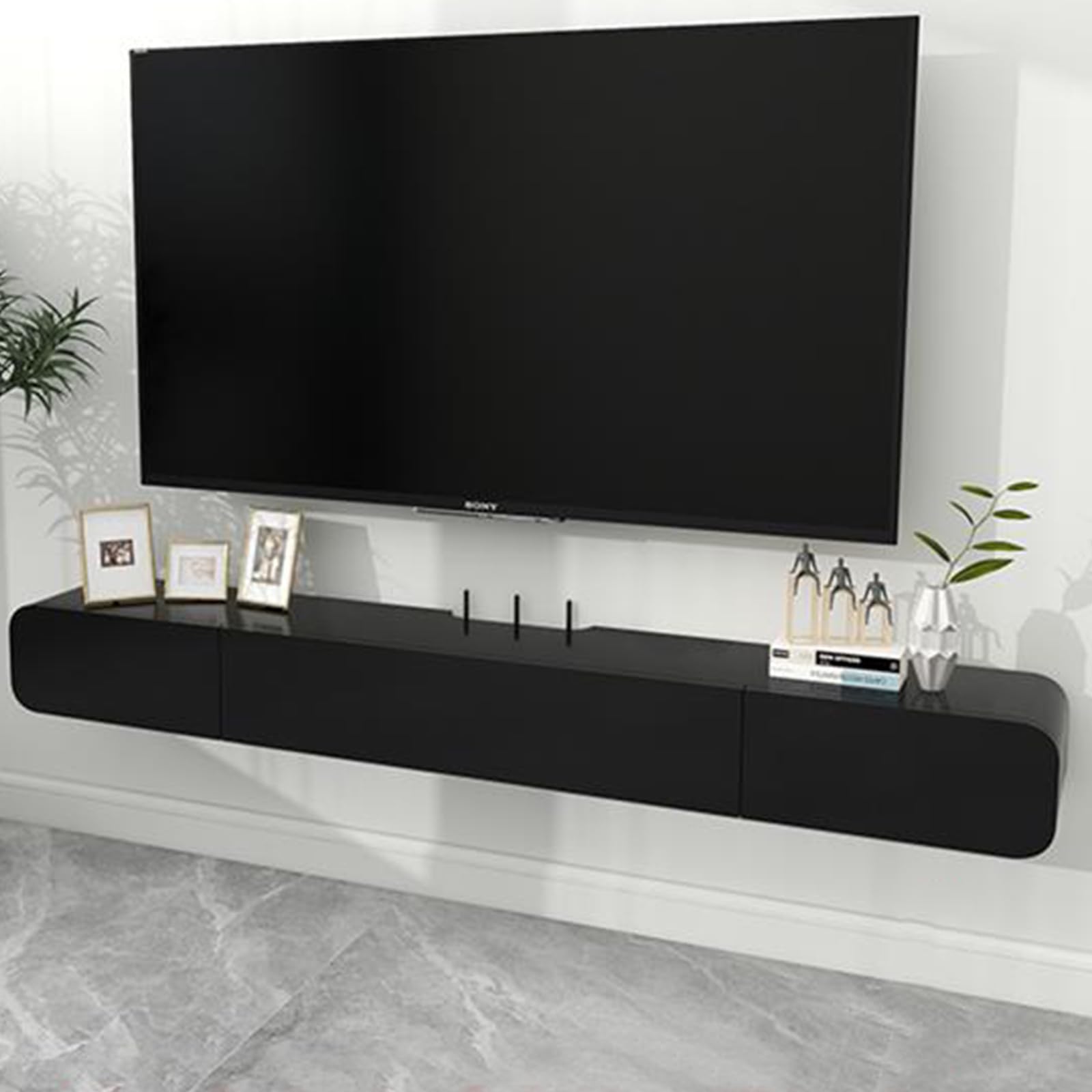 Solid Wood Floating TV Stand Wall Mounted,70.86" Black Floating Entertainment Center, Hanging TV Cabinet for Under tv, Floating Media Console Shelf