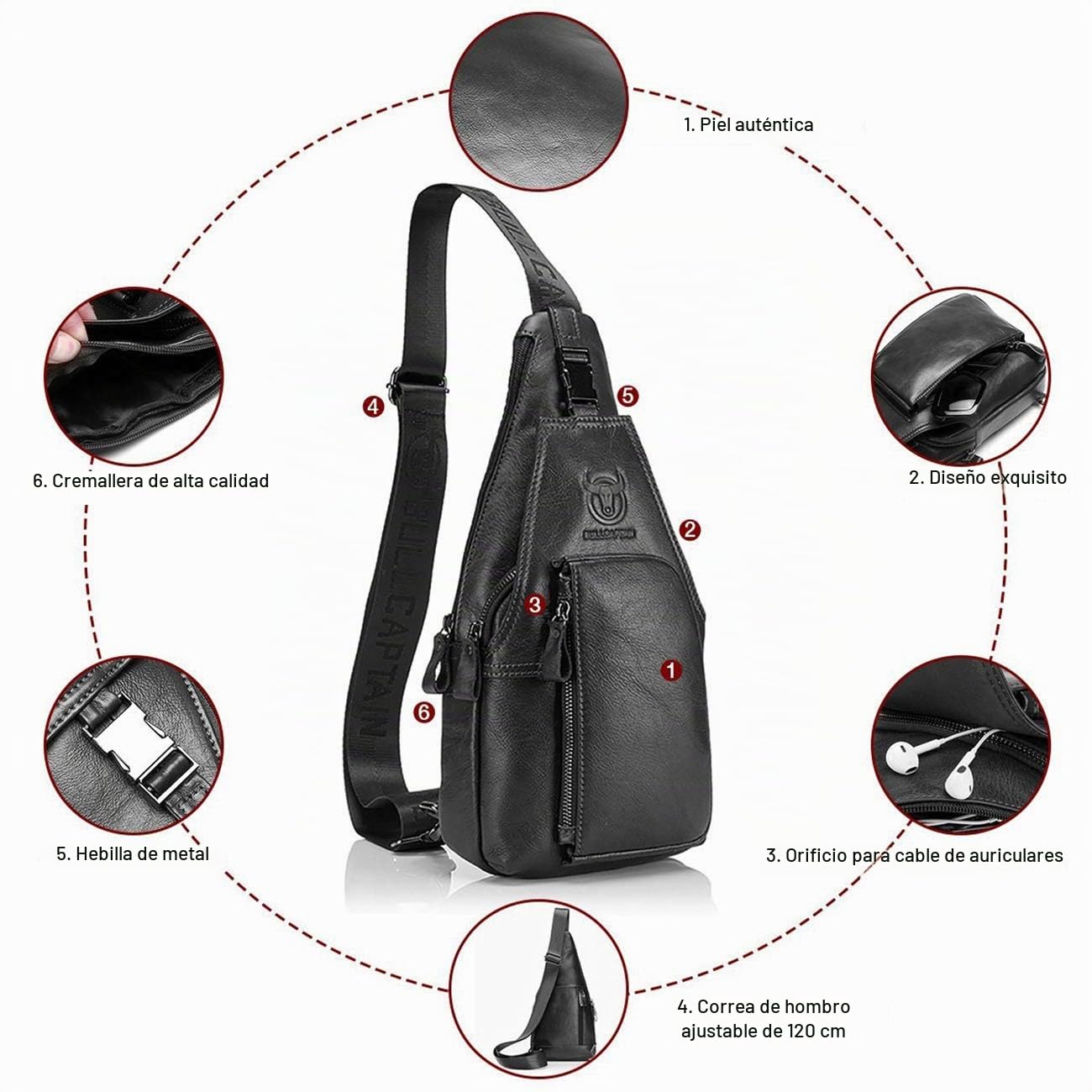 BULLCAPTAIN Bolso Hombres de Pecho Bolsa Bandolera, Cuero genuino Crossbody Bolso de hombro Bolsos de mochila Mochila Messenger Bag Daypack para el negocio Casual Sport Hiking Travel Negro