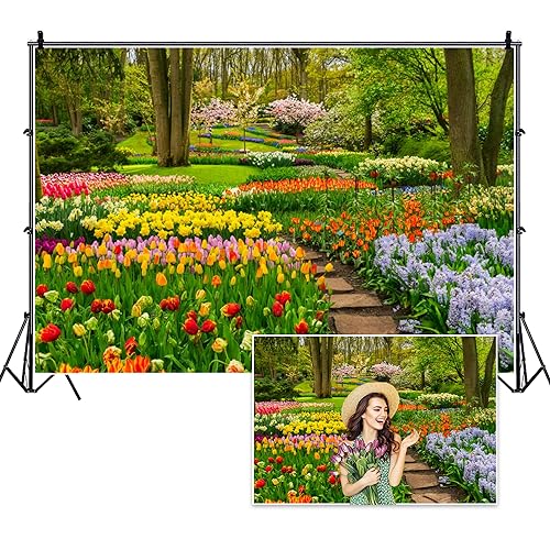 Fondo Fotográfico Vinilo 9x6ft Flores Tulipanes Bosque Primavera miniatura 1