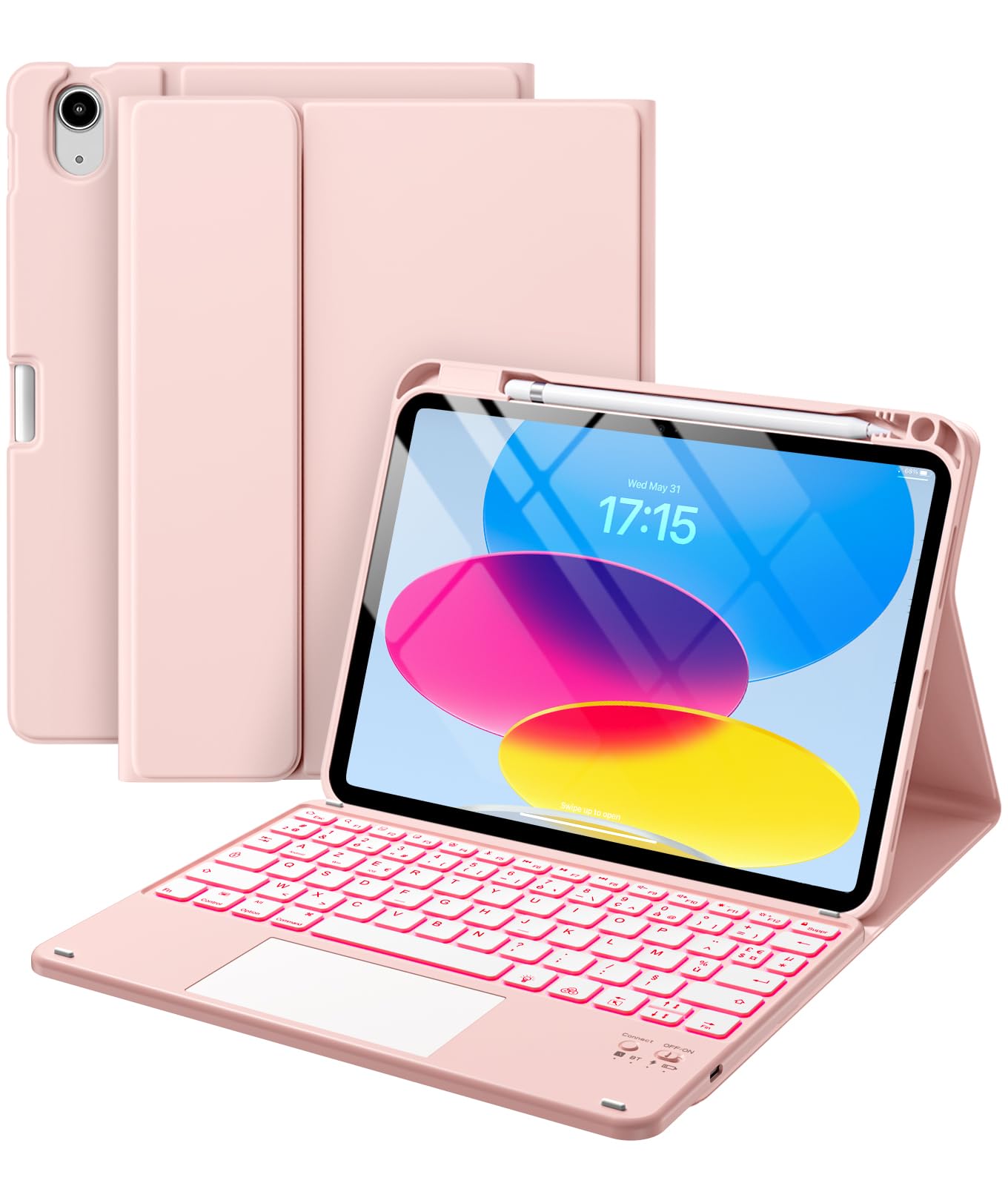 Vobafe Coque Clavier pour iPad A16 11/10 Ème Génération (11 Pouces 2025/10.9 Pouces 2022), Étui Keyboard avec Rétroéclairage 7 Couleurs et Pavé Tactile, Clavier AZERTY Rechargeable, Rose Clair