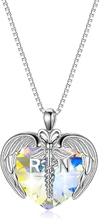 AOBOCO Sterling Silver Registered Nurse RN NP LPN Caduceus Pendant Necklace with Angel Heart Charm Made with Austrian Crystal, Nurse Nursing School Graduation Gifts for Women