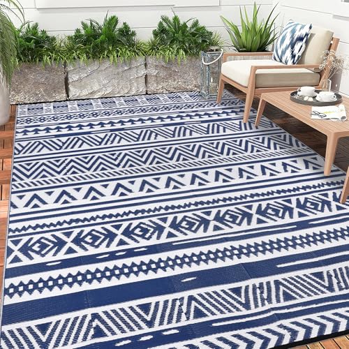Enyhom d'extérieur réversible 270 x 360 cm, Bleu en Plastique Durable, Grand Tapis de Sol et Tapis en Paille tissée, Tapis de terrasse, de Camping pour...