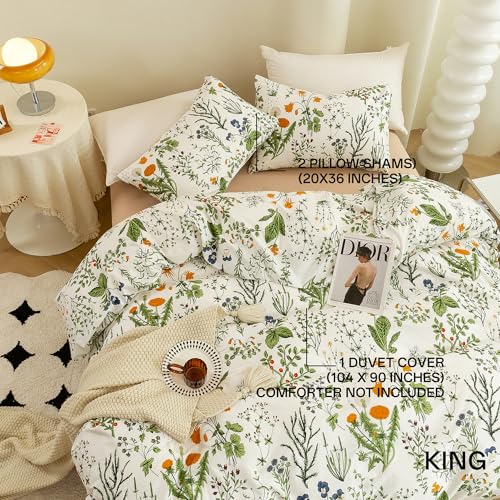 ECOCOTT 3 Pieces Floral Duvet Cover Sets King Size,100% Natural Cotton Floral Pattern 1 Duvet Cover with Zipper and 2 Pillowcases, Ultra Soft and Easy Care Breathable Cozy Simple Style Bedding Set