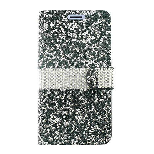 For Samsung Galaxy J7 (2018), J7 Refine, J7 Star, J7V 2nd Gen. SM-J737 - Crystal Diamond Flip Wallet Case + Tempered Glass Screen Protector - Black/Glitter