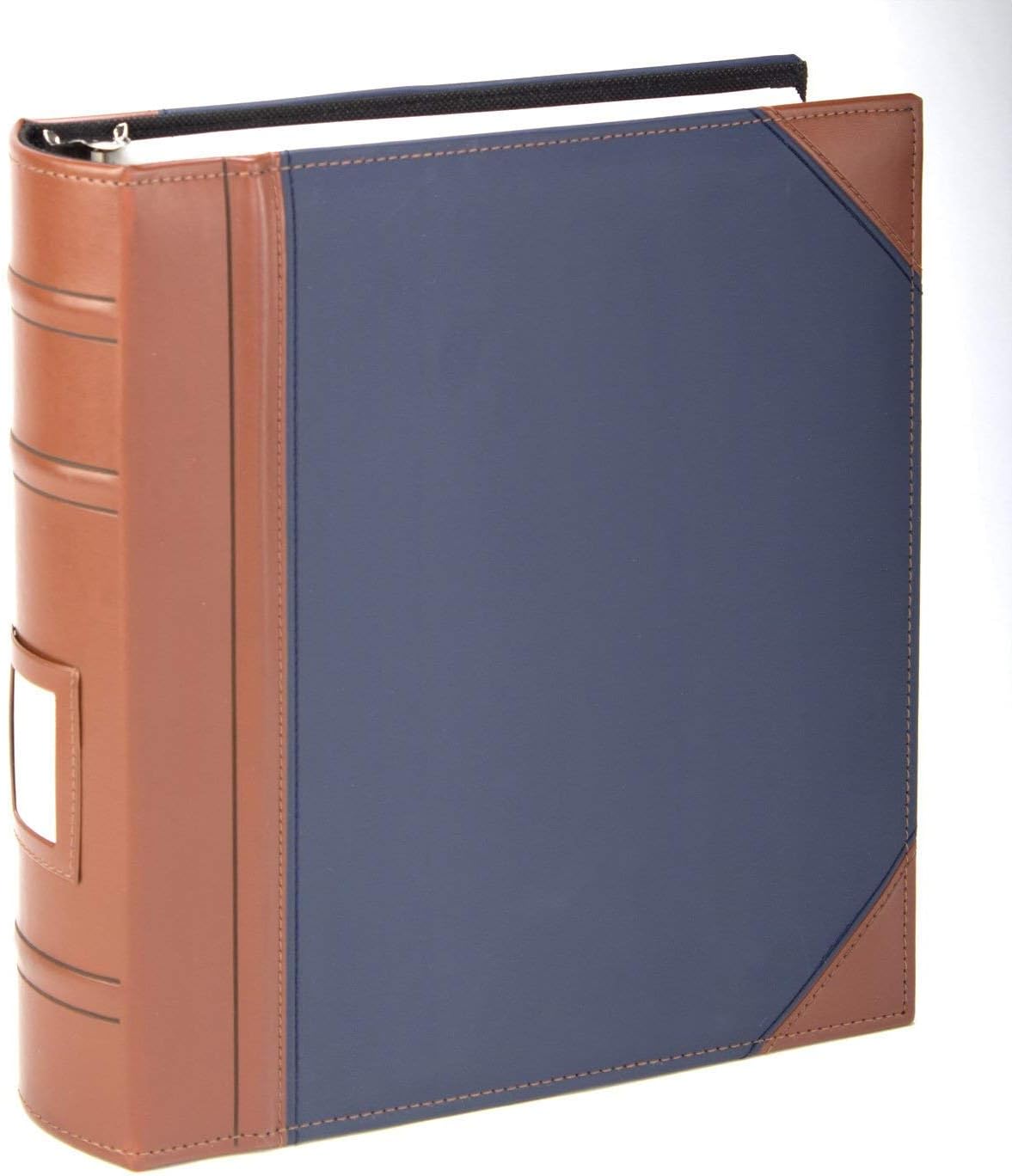 Executive Binder, English Leather 2 Tone with Stitching and Ribbed Spine, Heavy Duty 1 1/2" Inch 3 D-ring with Buster, Holds 225 8.5"x 11" Sheets With Memo Tag On Spine Blue