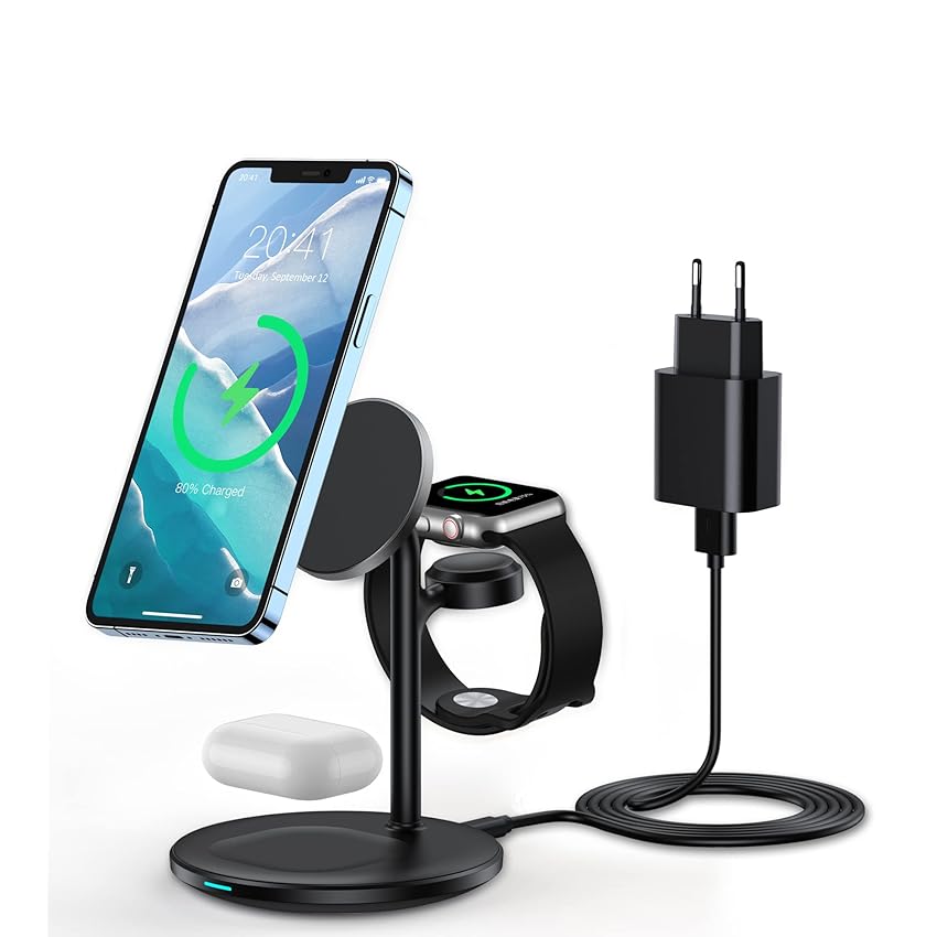 Caricatore senza fili, 3 in 1 compatibile con caricabatterie Mag Safe per Apple Watch 7/SE/6/5/4/3/2 AirPods Pro/3/2 per iPhone 14/13/12Pro Max/14 Plus/Pro, 18 W