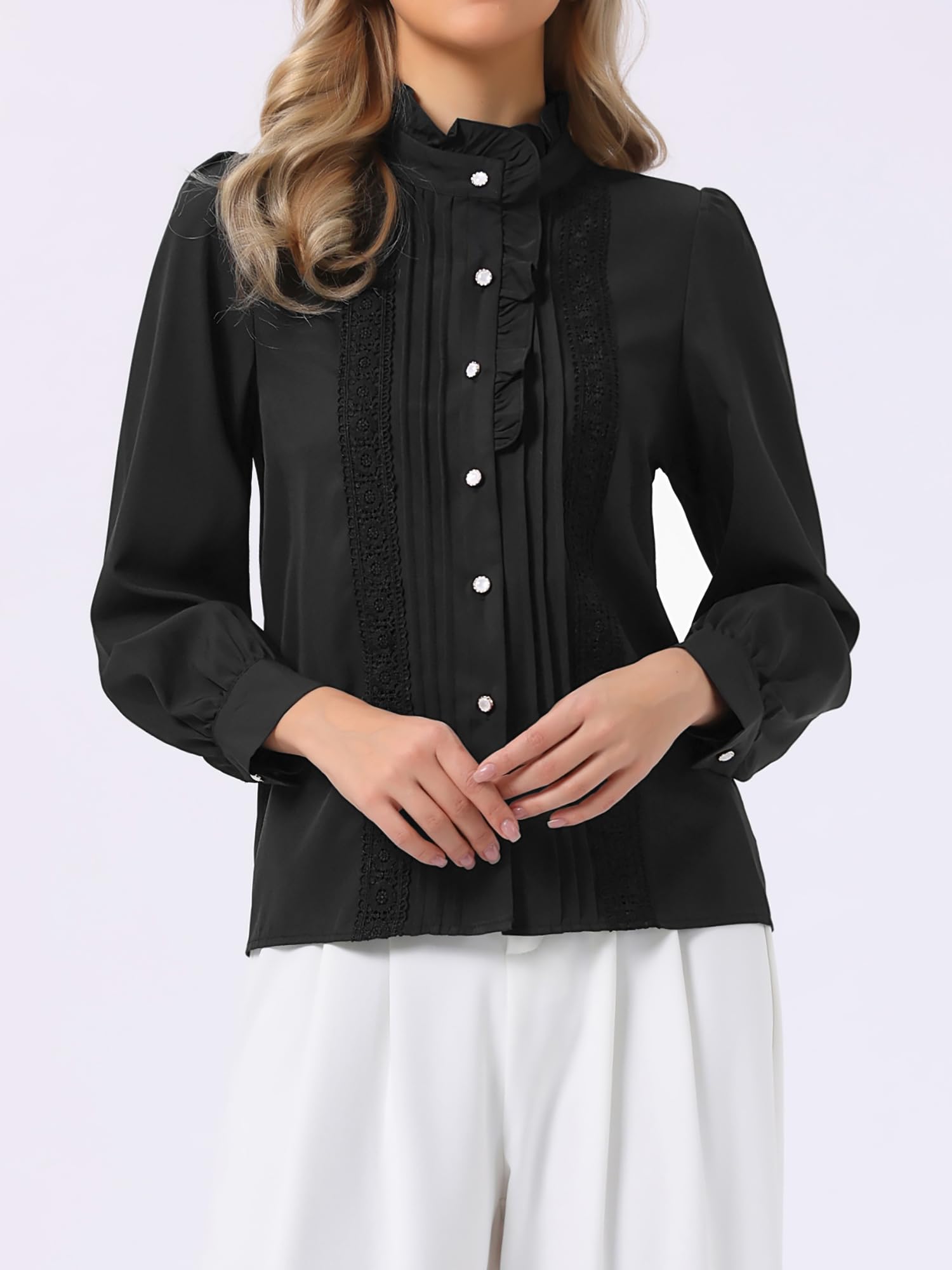 Allegra K Camicetta da donna retrò con volant, con bottoni, casual, a maniche lunghe, elegante, da lavoro
