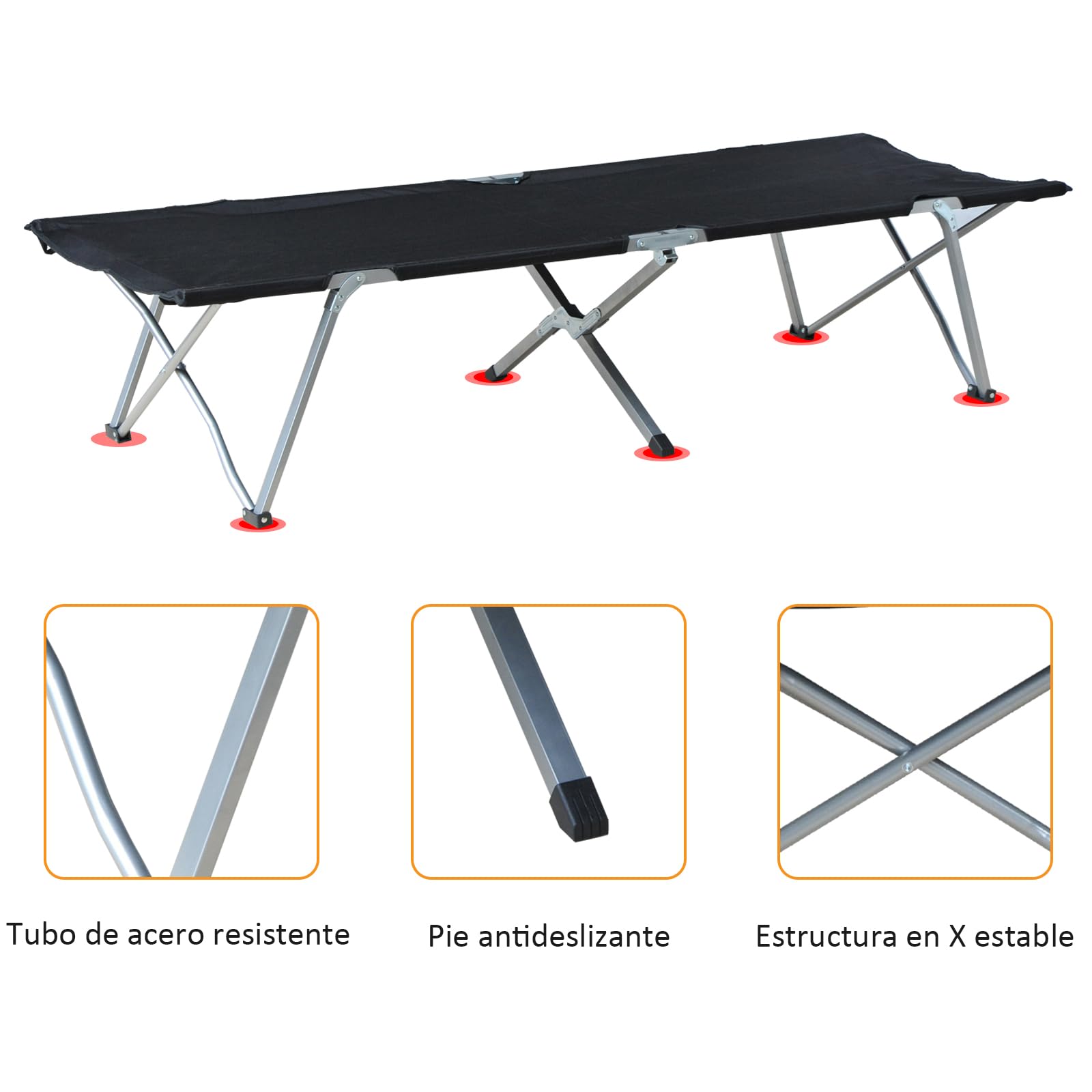 Outsunny Cama de Camping Plegable Cama de Acampada de Tela Oxford 600D con Marco Metálico Carga 136 kg para Playa Senderismo 193x64x40 cm Negro
