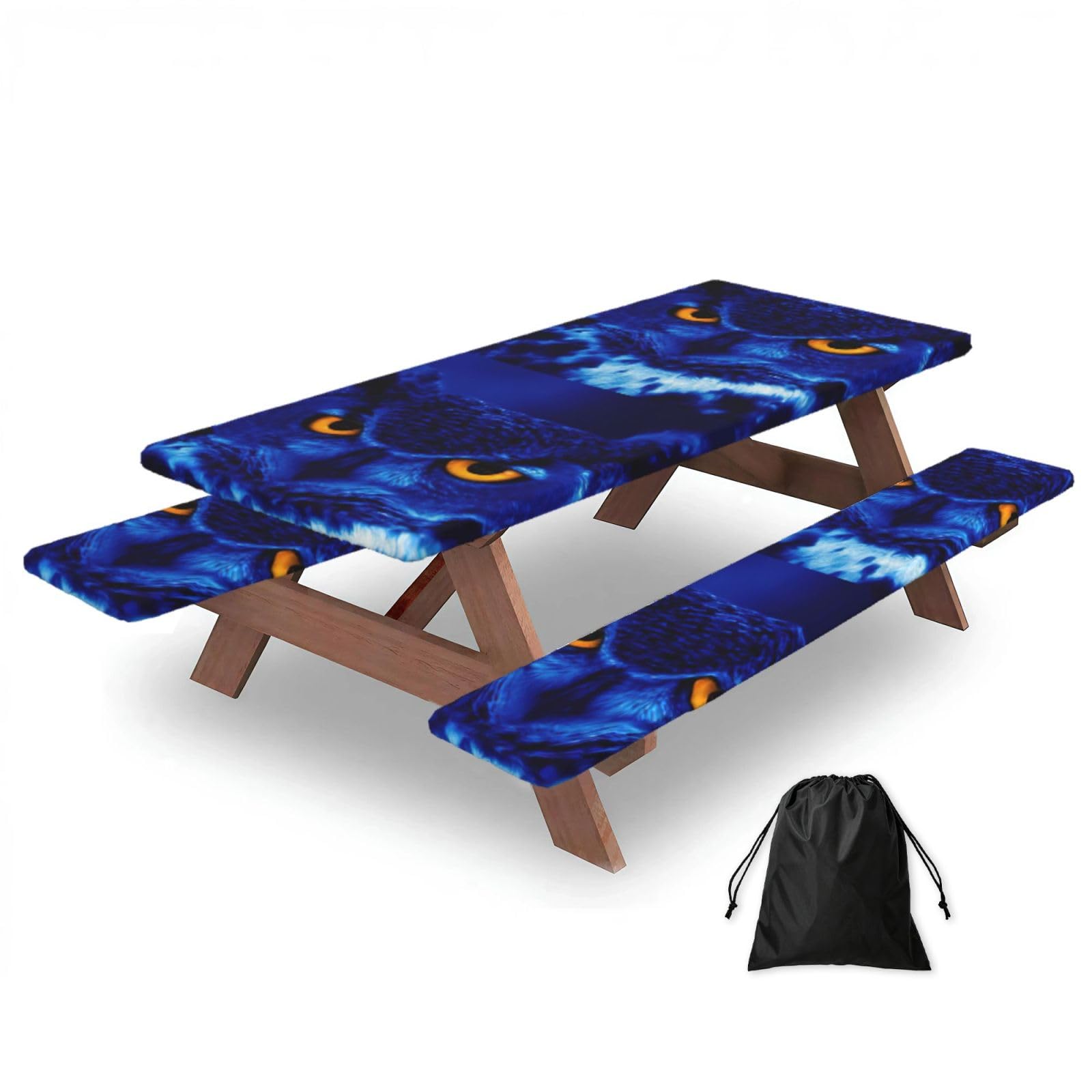 Yqxwjl Black Blue Owl Print Camping Essentials Waterproof Camping Table And Bench Cover With Drawstring Bag 183 Cm