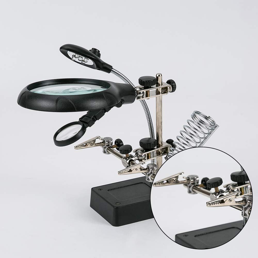 Stazione di saldatura con luce LED, ingrandimento 2,5x, 7,5x, 10x, morsetti di supporto regolabili, clip a coccodrillo per montaggio e riparazione elettronica