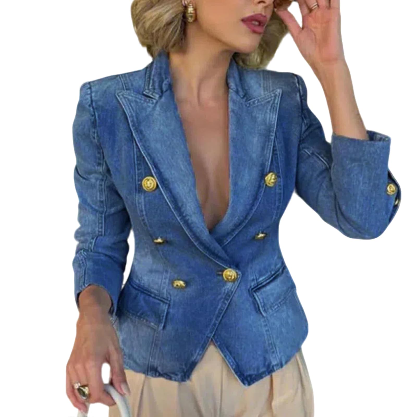 Womens Notch Lapel Double-Breasted Denim Blazer Stylish Slim-Fit Long-Sleeved Denim Jacket