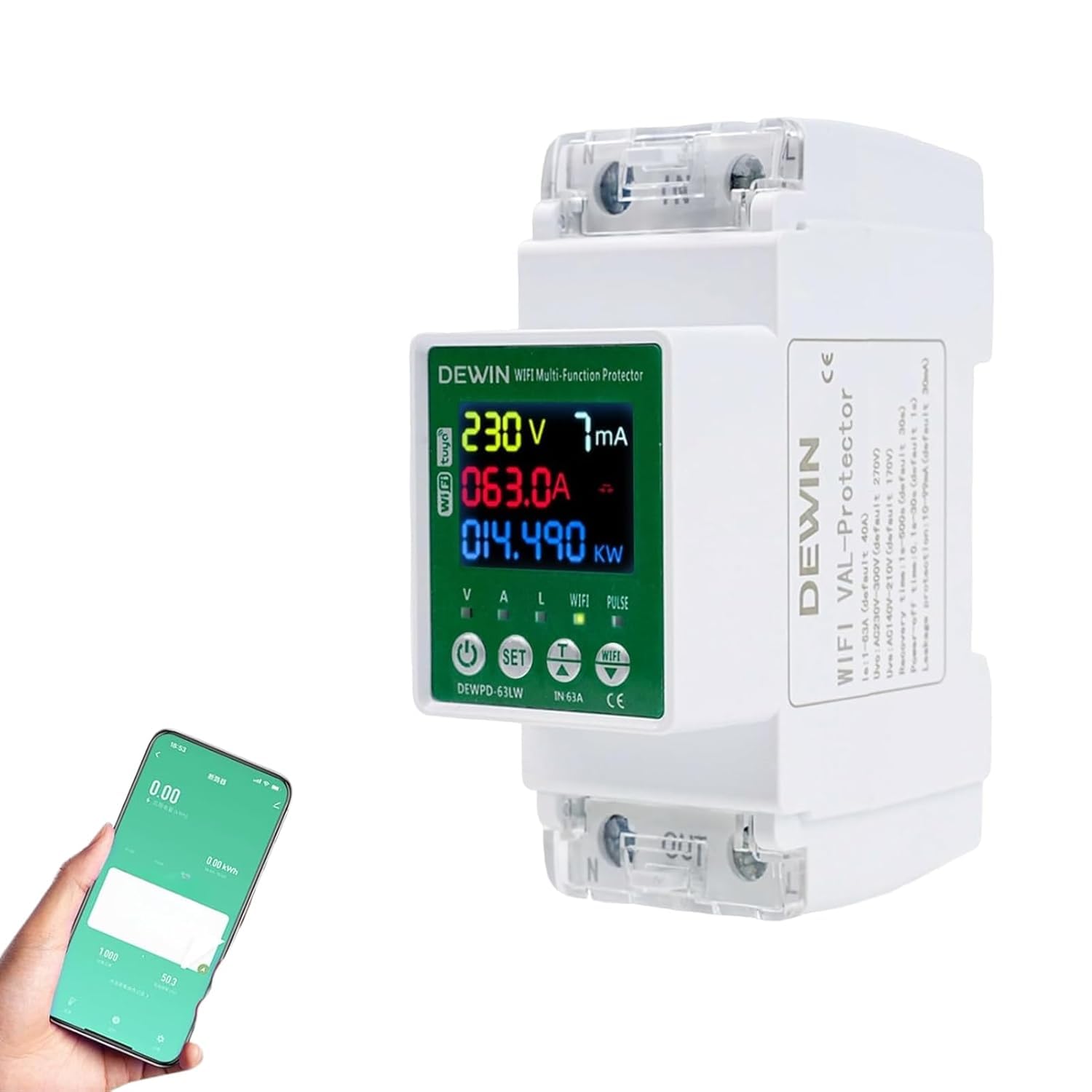 WiFi Compteur Electrique Monophasé, AC140-300V 63A Compteur d'énergie Tuya Smart Meter Wattmetre 1 Phasé Compteur d'électrique LED KWh Voltmètre Ampèremètre Modulaire avec Protection Multiple