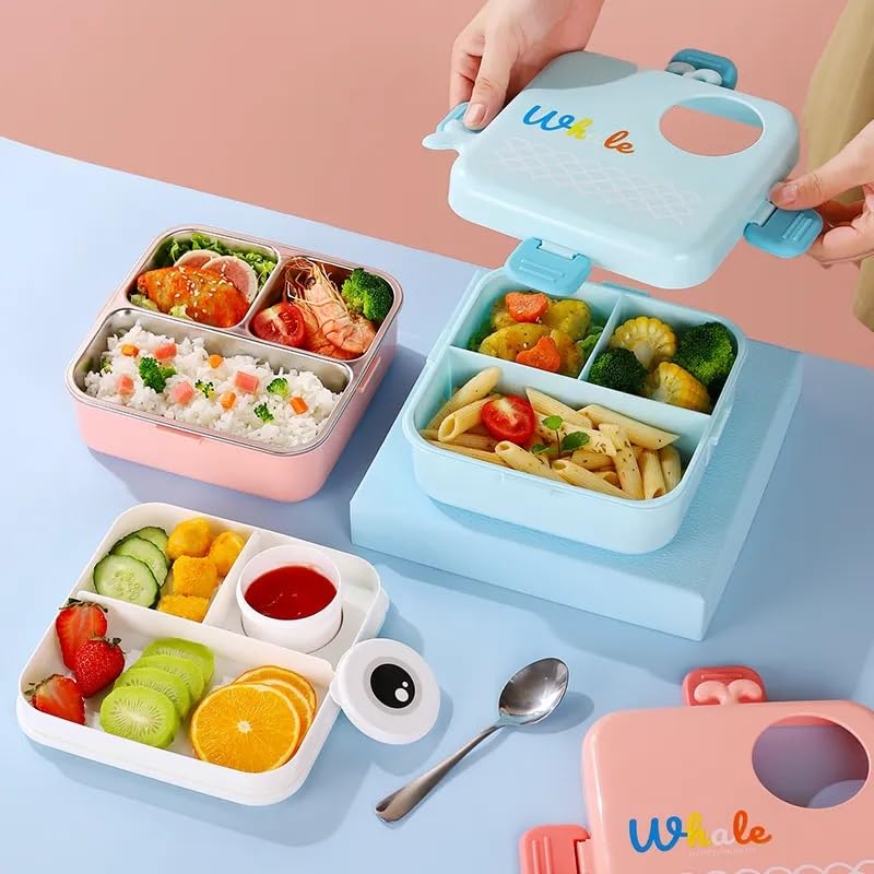 Image of YELONA 2-Layer Cartoon Shape Kids Lunch Box | Stainless Steel Inner, 3 Compartments | Airtight Leak-Proof BPA-Free Meal Box | 1120 ML + 70 ML Sauce Cup | School, Picnic Tiffin for Girls & Boys
