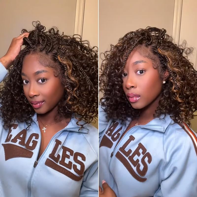 Frodio Cruly Boho Braided Wig Water Wave Veralux 13x6 HD Lace Frontal Wig Glueless Braids Wig for Black Women Pre-Cut Lace Wig Premium Fiber Braided Beginner Friendly 12 Inches Highlight Brown Color