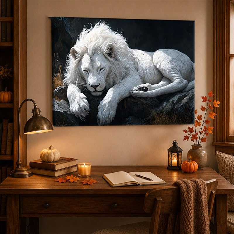Obraz ścienny na płótnie, biały lew spoczywa na skałach do salonu lub biura (20 x 40 cm/z ramą)