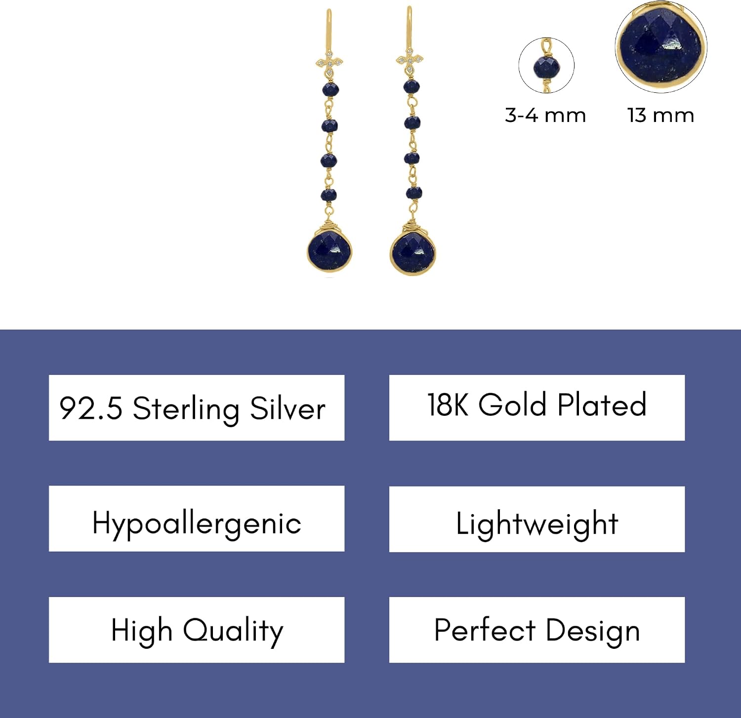 Blue Sapphire Earrings for Women in Heart Long Dangle Shape - 18K Gold Vermeil, Certified 925 Sterling Silver Earring - Hypoallergenic Gold Jewelry for Women, Mothers Day Gifts