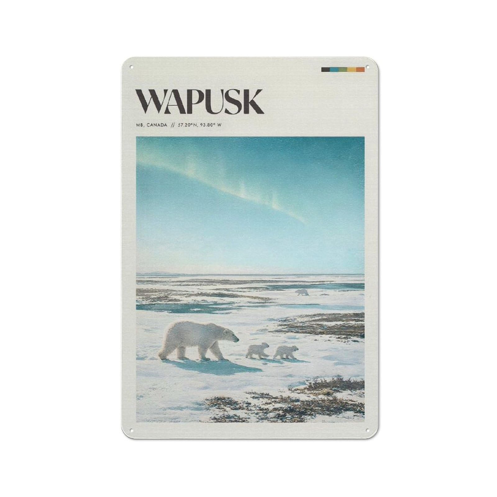 Modern Retro Decorative Metal Plaque 30x20cm Featuring Polar Bears Under Aurora Borealis, Loft Wall Plaque for Flat, Bar, Studio Or Gallery Wall