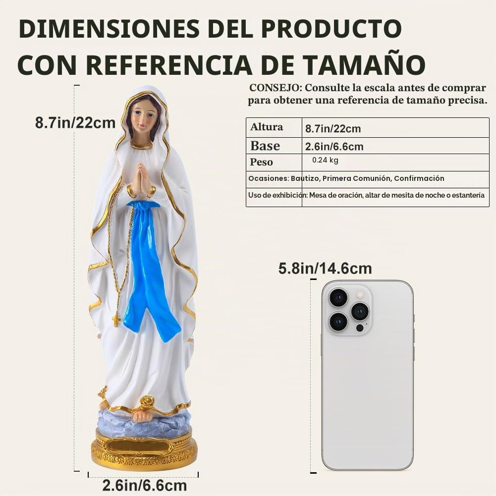 Estatua de la Virgen María de 8.7 pulgadas para decoración de altar católico, figura de Lourdes y madre bendita, regalos religiosos de resina para mamá, perfecto para el hogar y decoración religiosa