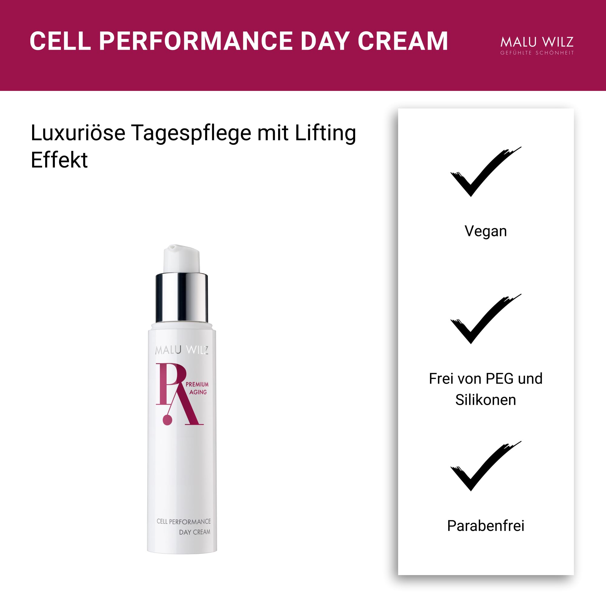 Malu Wilz Premium Aging Cell Performance Day Cream 50ml I Anti Aging Gesichtspflege für trockene Haut I Feuchtigkeitscreme zur natürlichen Hautregeneration