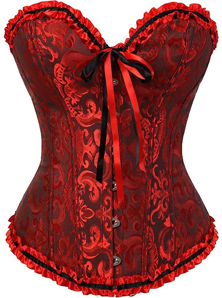 SZIVYSHI Corset Tops for Women, Bustier Shapewear Lingerie, Lace Waist Push Up Bodysuit, Black & red, S