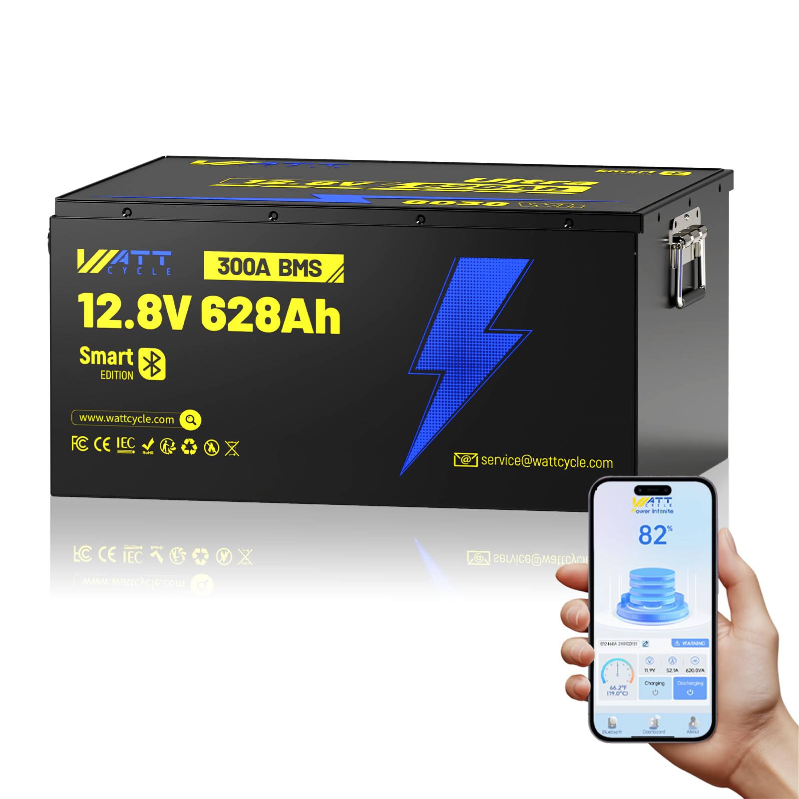 Wattcycle 12V 628Ah LiFePO4 Battery, Lithium Battery 12V 300A BMS, Built-in Bluetooth, Lithium RV Batteries IP65 Waterproof, 8038Wh Energy Storage Perfect for Home Energy, RV, Marine, Solar, Off-Grid