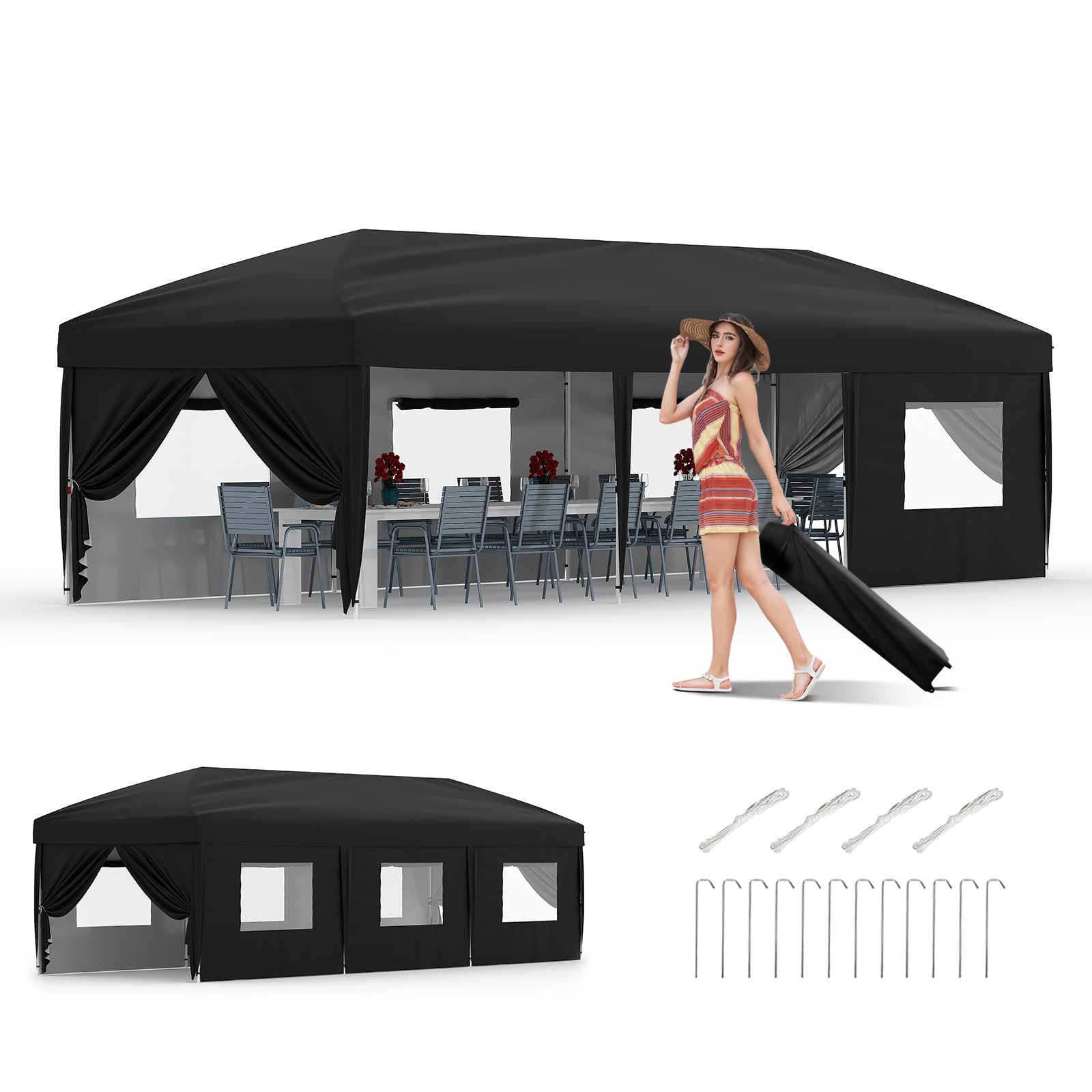 Photo 1 of ***MISSING PIECES -SELLING AS INCOMPLETE PARTS  ONLY*** 10x30 Pop Up Canopy with 8 Sidewalls - Heavy Duty Outdoor Canopy Tent with Portable Roller Bag - 3 Adjustable Height, 8 Weight Bags, 8 Stakes & 6 Guy Ropes Included, Black