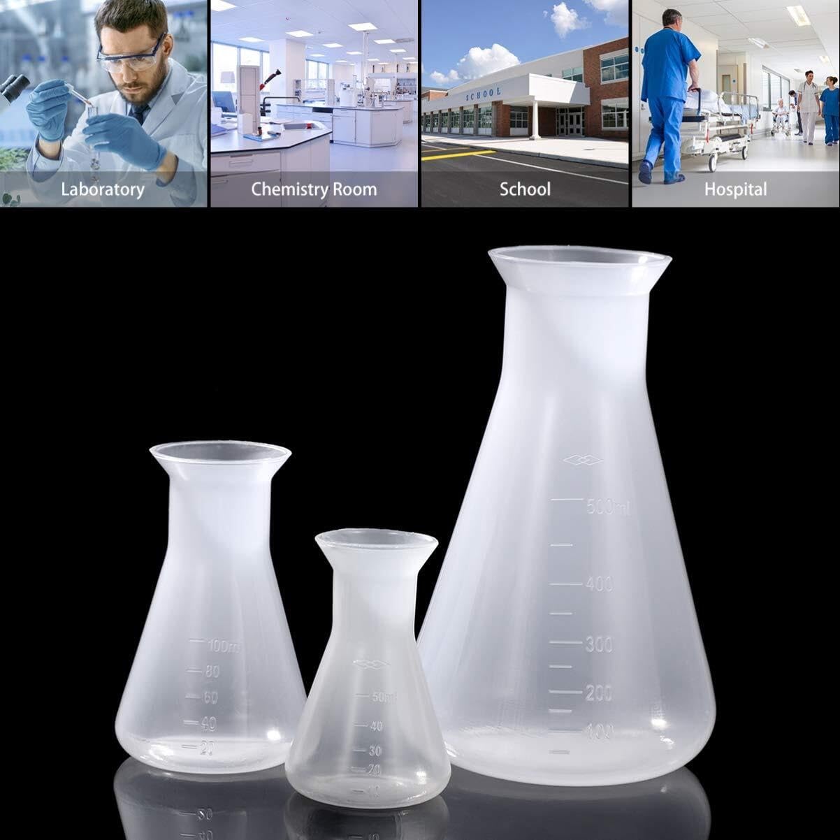 Juego de Matraces de Erlenmeyer - 3 piezas de Plástico para Laboratorio y Educación - 50ml, 100ml, 500ml