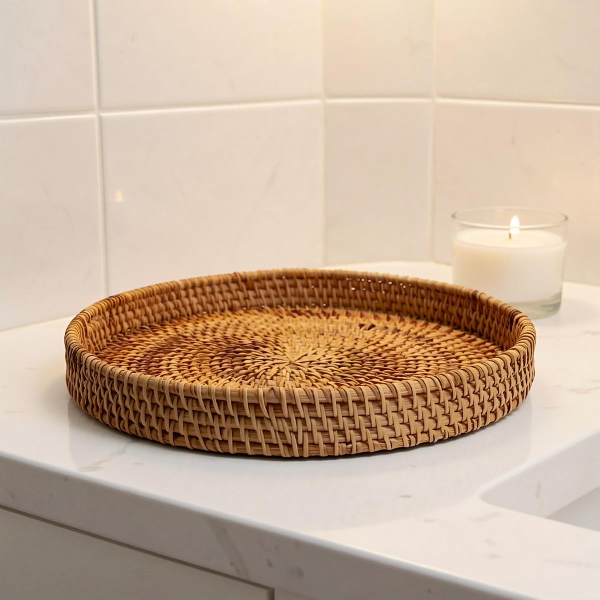 3 Pezzi Cesto Rotondo in Rattan Intrecciato Artigianalmente,