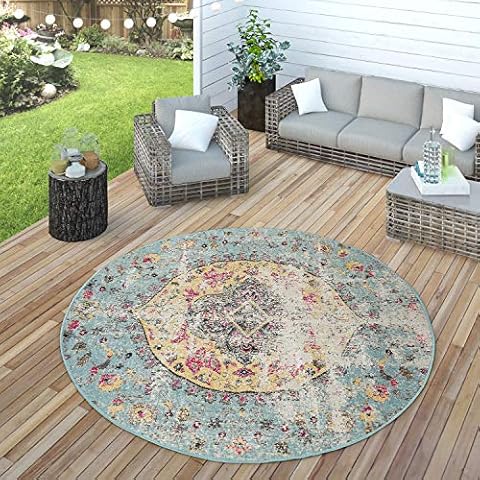 Paco Home Indoor & Outdoor Rug Oriental Pastel Turquoise Pink Yellow, Size:Ø 200 cm round Cover