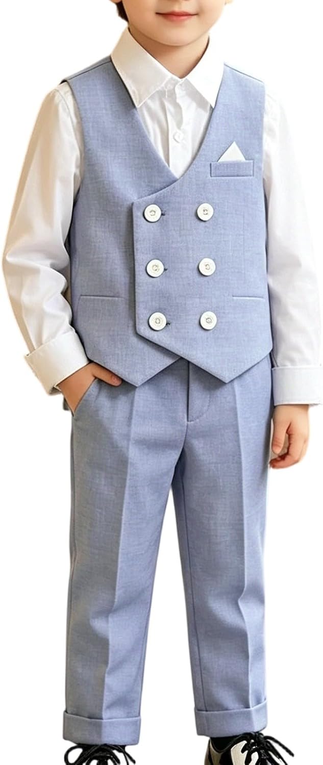 Boys 4 Piece Formal Suit Set,Double Breasted Vest Matching Outfit | Wedding Graduation Ring Bearer Formal wear