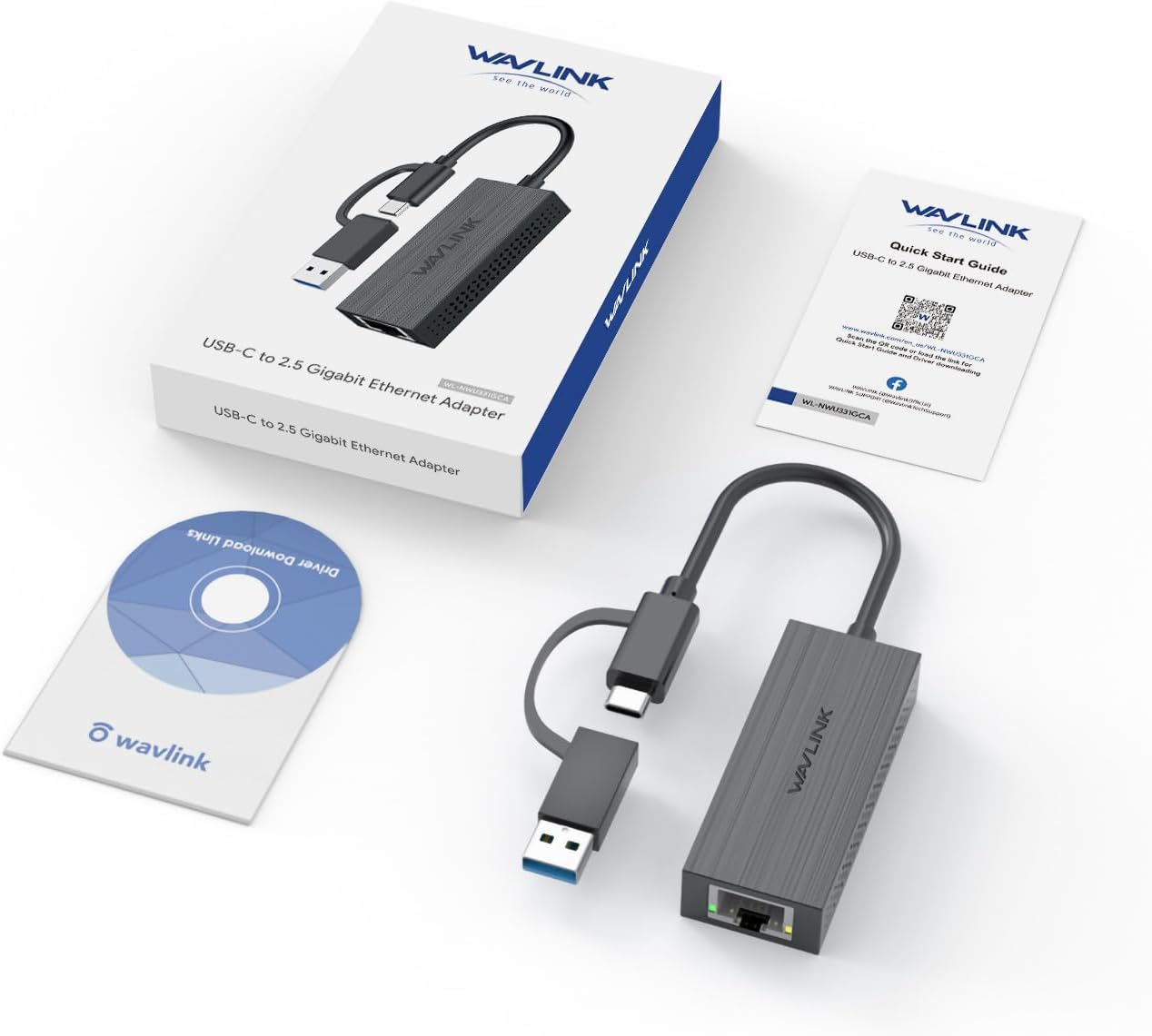 USB C to 2.5G Ethernet Adapter, WAVLINK 2-in-1 USB 3.2 Type A/Type C (Thunderbolt 3/4) to 2.5 Gigabit Ethernet Adapter RJ45 LAN Network Converter for Windows, Mac OS, iPad OS and More
