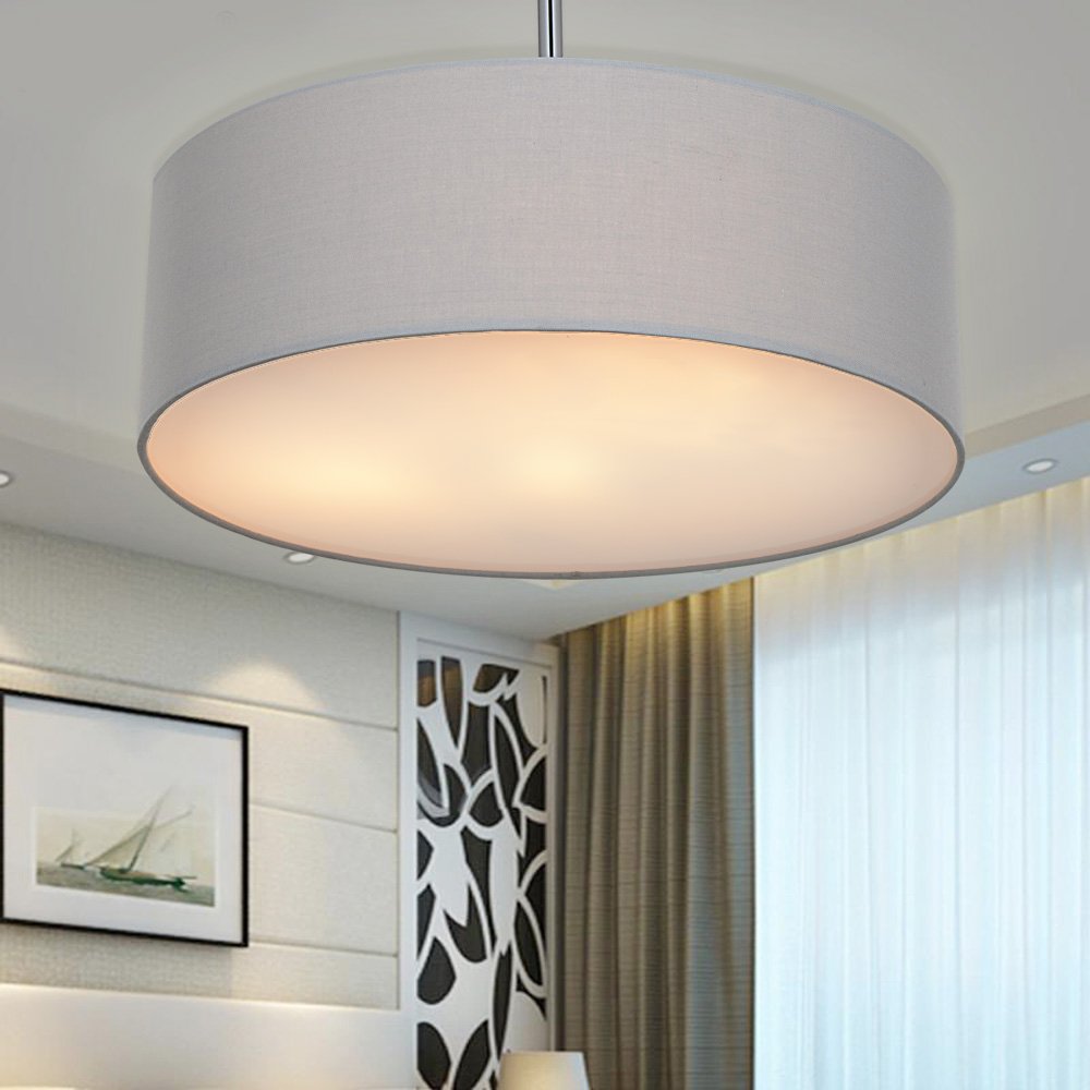 Deckenleuchte, Stoff Deckenlampe, Grau Rund Pendelleuchte für Wohnzimmer Schlafzimmer Küche Esszimmer, Durchmesser 45cm, Chrom matt, Warmweiss 3-flammig E27