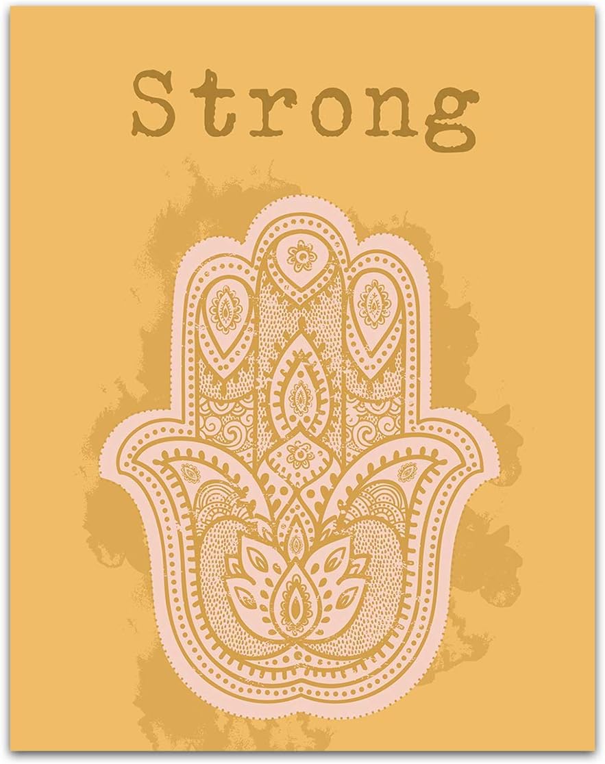 Daily Affirmation 'Strong', Yellow Hand of Fatima Spiritual Energy Wall Art Decor - Unframed 11 x 14 Pastel Print - Zen Decorations for Home