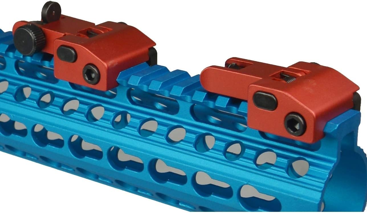 TWP Flip Up Iron Sight Front and Rear Sight for Picatinny AMD Weaver Top Rail, Aluminum 6082 T6 Anodized Red