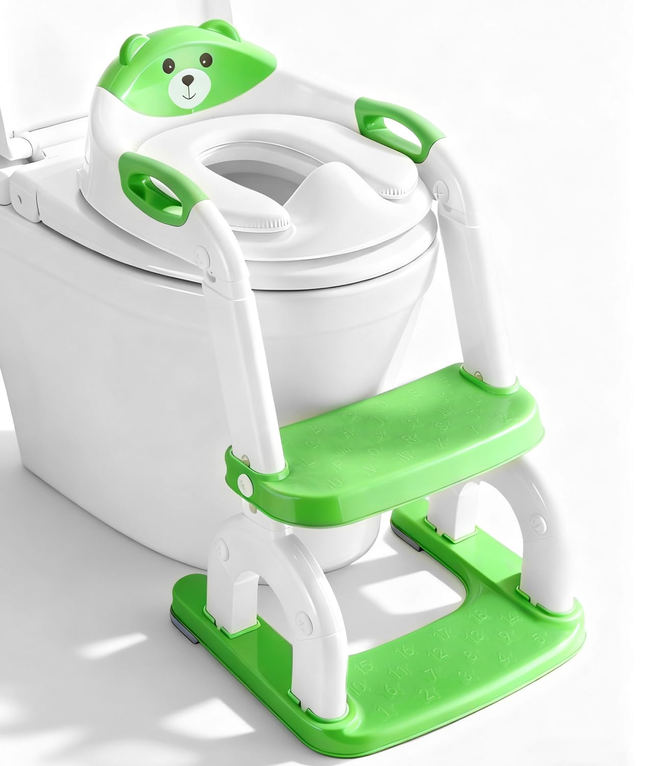 2-in-1 Toilettensitz Kinder mit Treppe, Upgraded WC Aufsatz für Kinder für Jungen und Mädchen, Toilettentrainer mit Treppe, Höhenverstellbar Bequemer Sicherer Toilettensitze (Grün Drei Treppe)