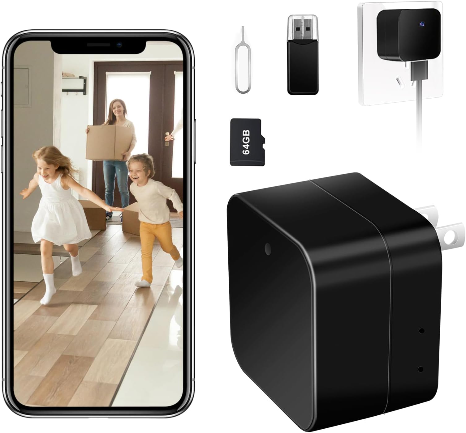 LXMIMI Small Camera, Hidden Camera, USB Charger, 64 GB Card Included, AC Adapter Type Spy Camera, WiFi, Remote Control with Smartphone, Record without SD Card, Security Surveillance Camera, 1080P, Long Time Recording, Just Plug In, Motion Detection, Alarm Notification, Loop Recording, Supports Up to 128 GB Cards, Japanese Instruction Manual