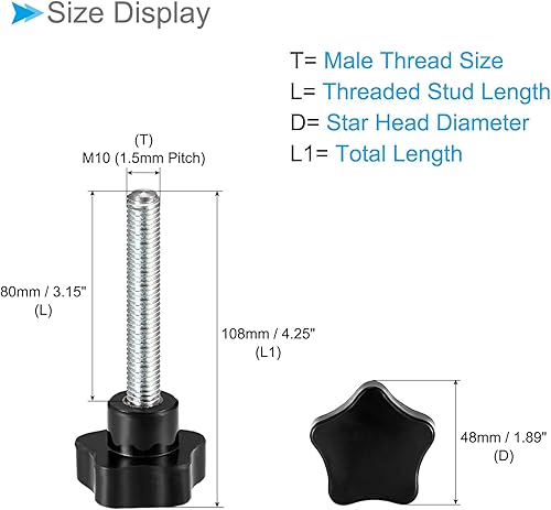 Miniatura 7 de Perillas de sujeción de estrella, rosca macho M10 x 1.969 in, cabeza de 1.496 in, mango de tornillo de pulgar de plástico, perno roscado negro
