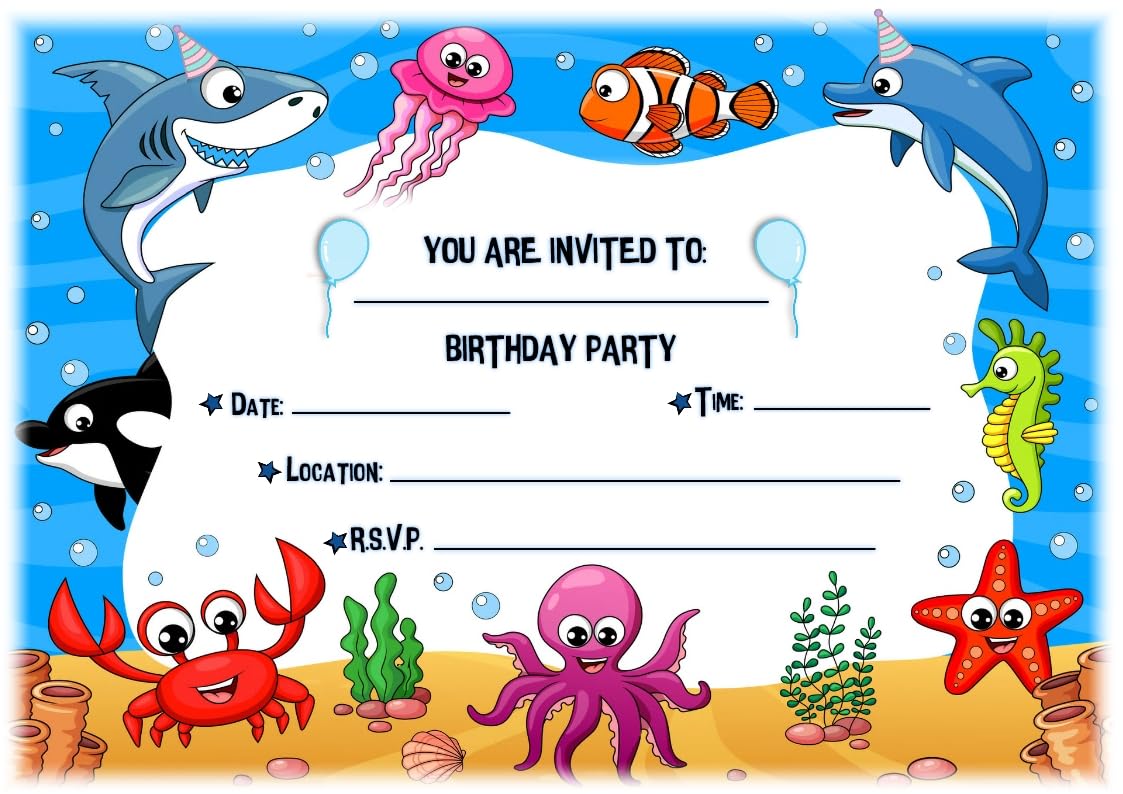 MrPurple Shark Themed Children's Birthday Party Invites - Landscape Seaworld Design - Party Supplies/Accessories (Pack of 12 A5 Invitations) (WITHOUT Envelopes)