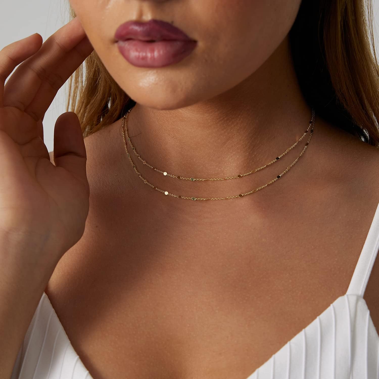 CAROVO Dainty Gold Chain Choker Necklace for Women 18K Gold Plated Minimalist Figaro Beaded Lace Satellite Coin Chain Necklace Delicate Choker Jewelry Gifts for Women - Image 3