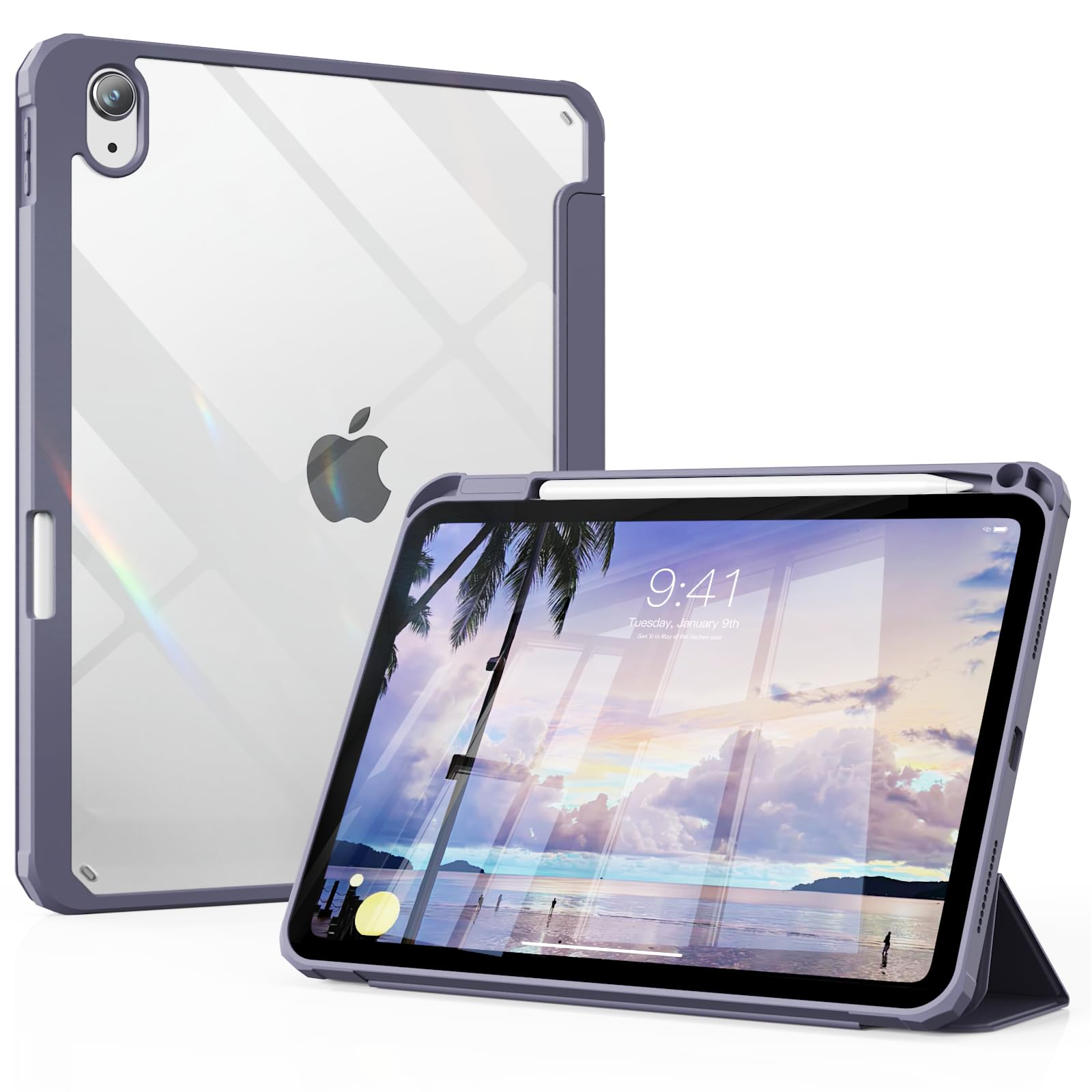 Clear Case for iPad Air 11 2025/2024, for iPad Air 10.9 Inch 2022/2020 5th / 4th Generation, Transparent Hard PC and Shockproof TPU Back, Built-in Pencil Holder, Auto Sleep/Wake, Purple