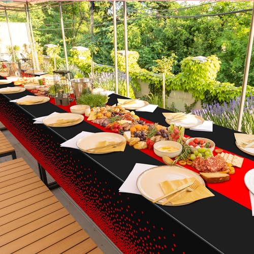 Image of MASHAN 3Pcs Black and Red Tablecloth Party Decorations,Plastic Black Table Cloth Printed Red Table Runner Disposable Rectangle Cover for Birthday Weeding Anniversary Graduation Party,54 x108 Inch