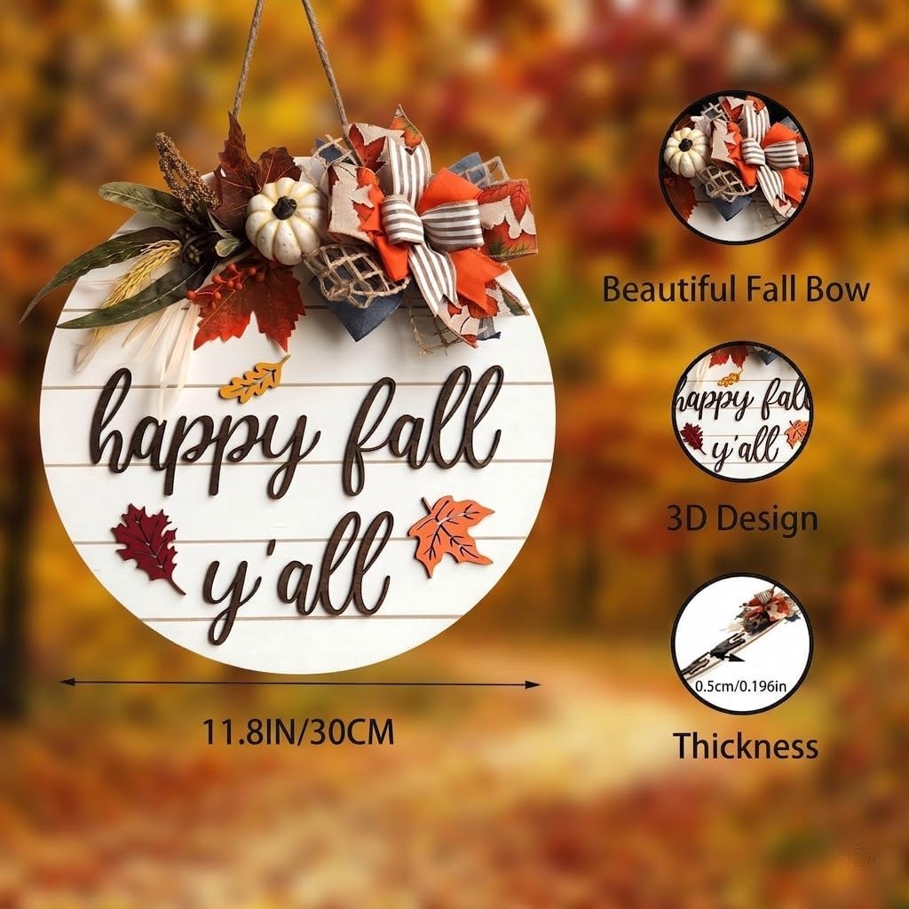 Happy Fall Yall Wreaths,Wooden Door Sign for Front Door with Bow Rustic Fall Door Decorations Hanging for Holiday Farmhouse Home Office Shop Window