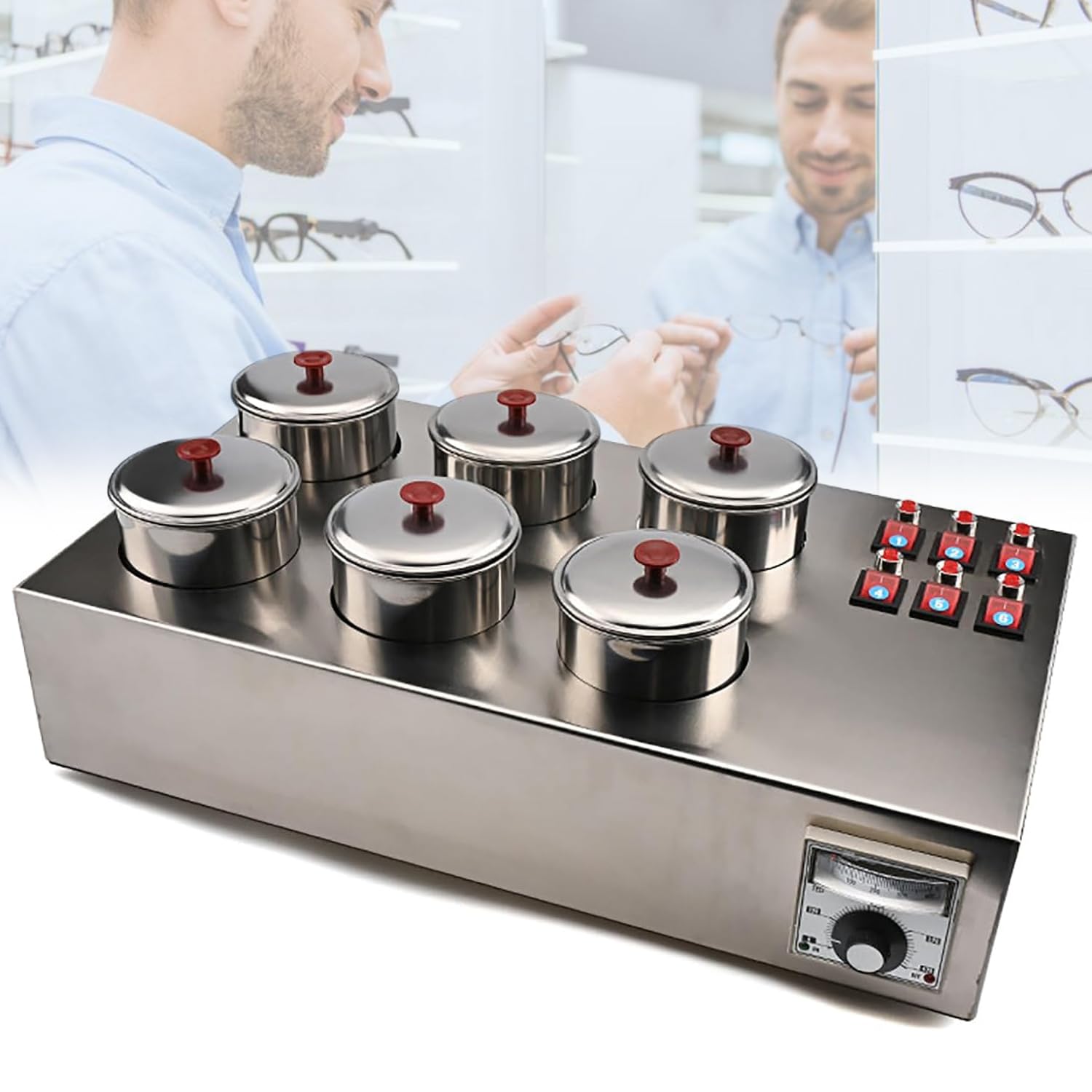 WHOOLEFUN Optical Lens Dyeing Machine, 1400W Multi-Cup Tinting Bath, with 6 Independent Switches, 0-400°C Adjustable Temperature, Uniform Color, for Ophthalmology Centers